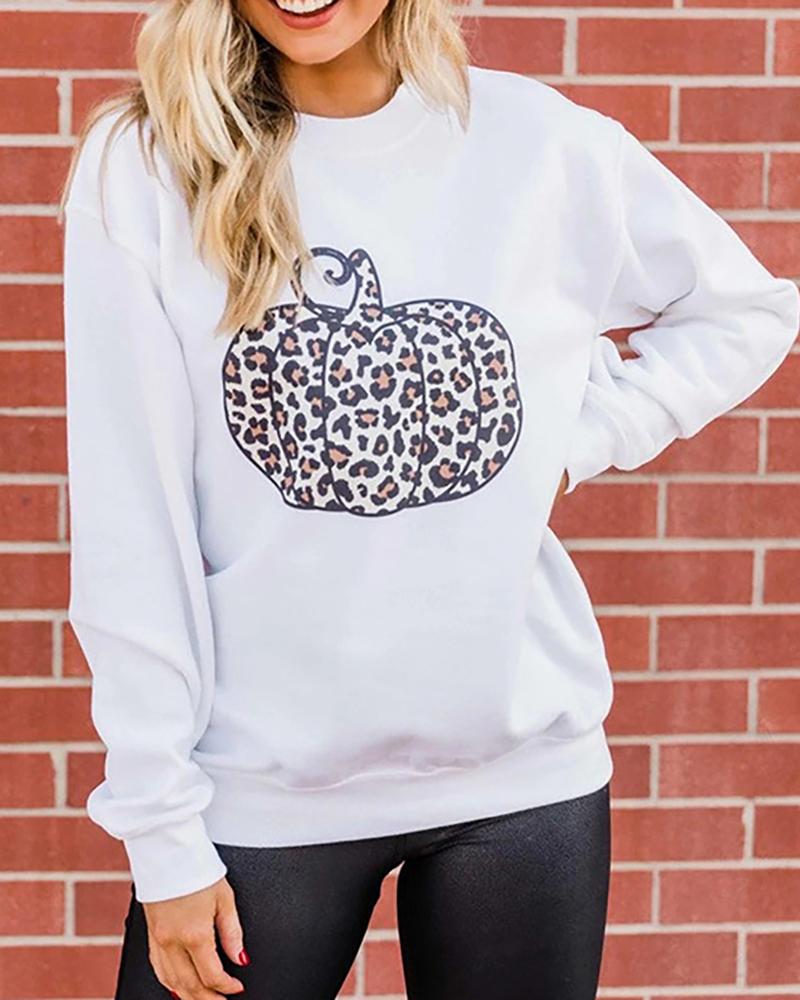 

Pumpkin Cheetah Print Casual Sweatshirt, White