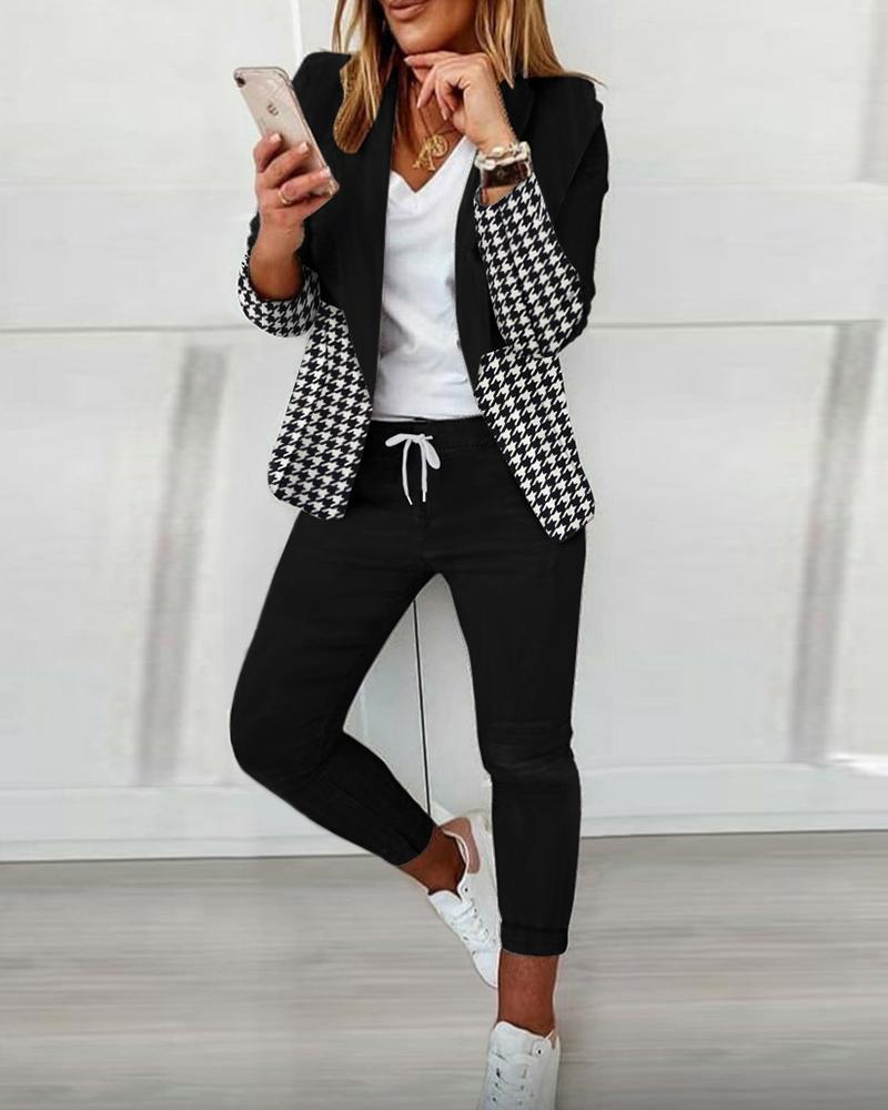 

Houndstooth Print Blazer & Drawstring Pants Set, Black