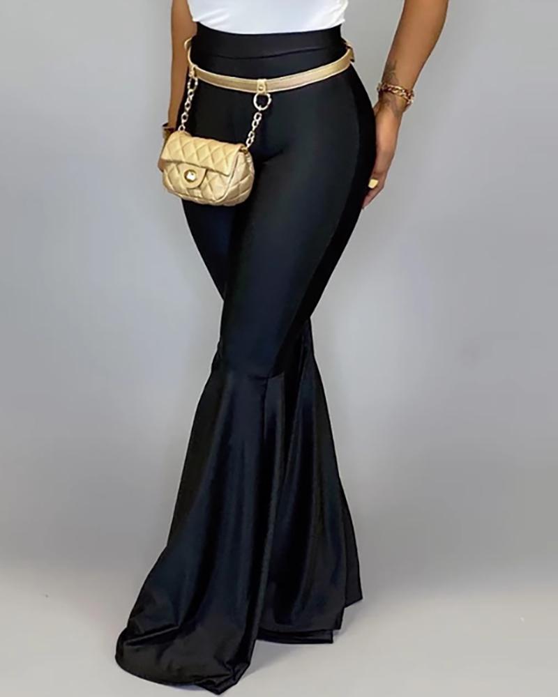 

Solid High Waist Bell-bottomed PU Pants, Black