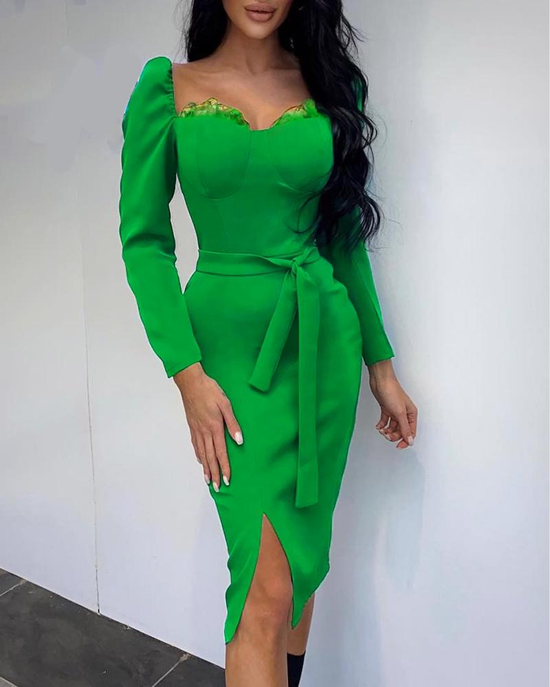 

Puff Sleeve High Slit Work Dress With Belt, Green