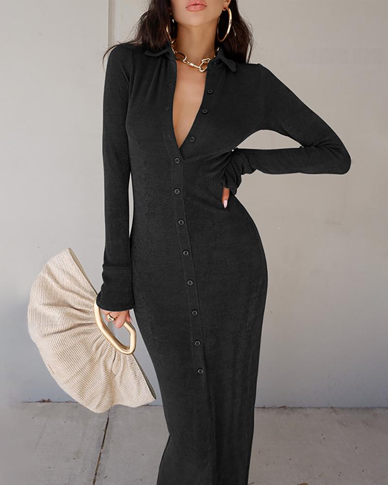 

Long Sleeve Button Design Maxi Dress, Black