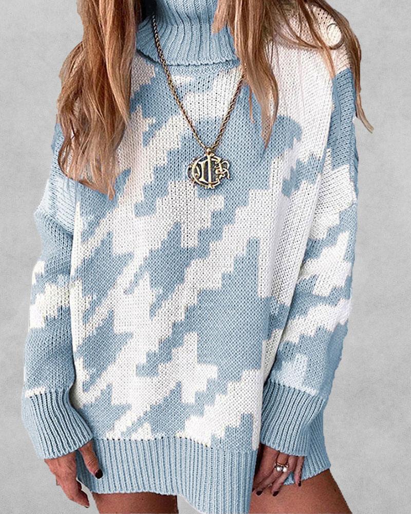 

Houndstooth Print Chunky Knit Turtleneck Sweater, Blue