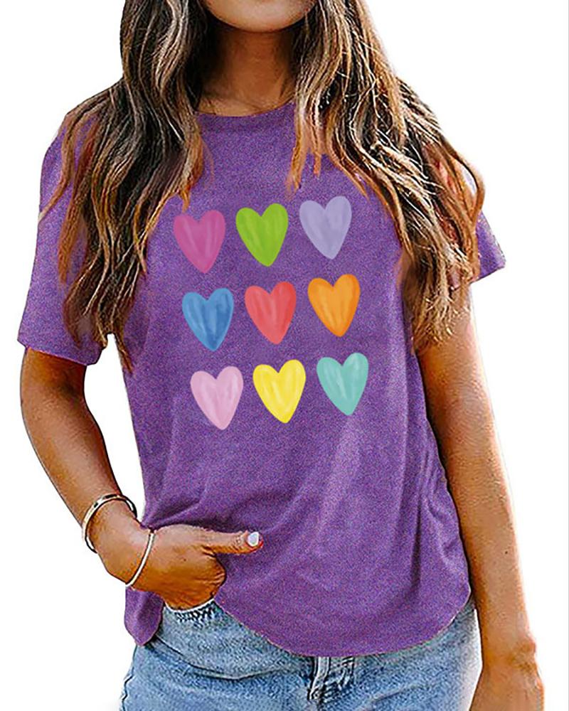 

Valentine' Day Short Sleeve Heart Print O-Neck T-shirt, Purple