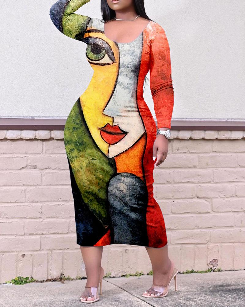 

Plus Size Abstract Figure Print Long Sleeve Casual Dress, Multicolor