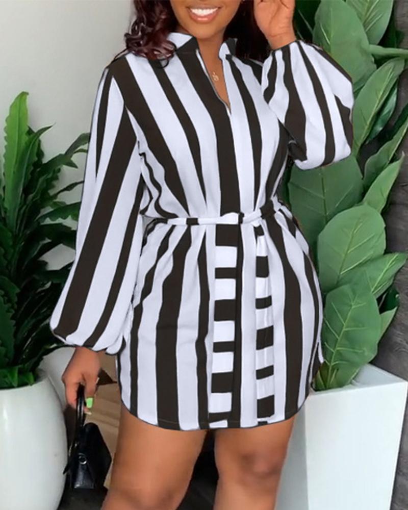 

Striped Lantern Sleeve Belted Shirt Dress, Black