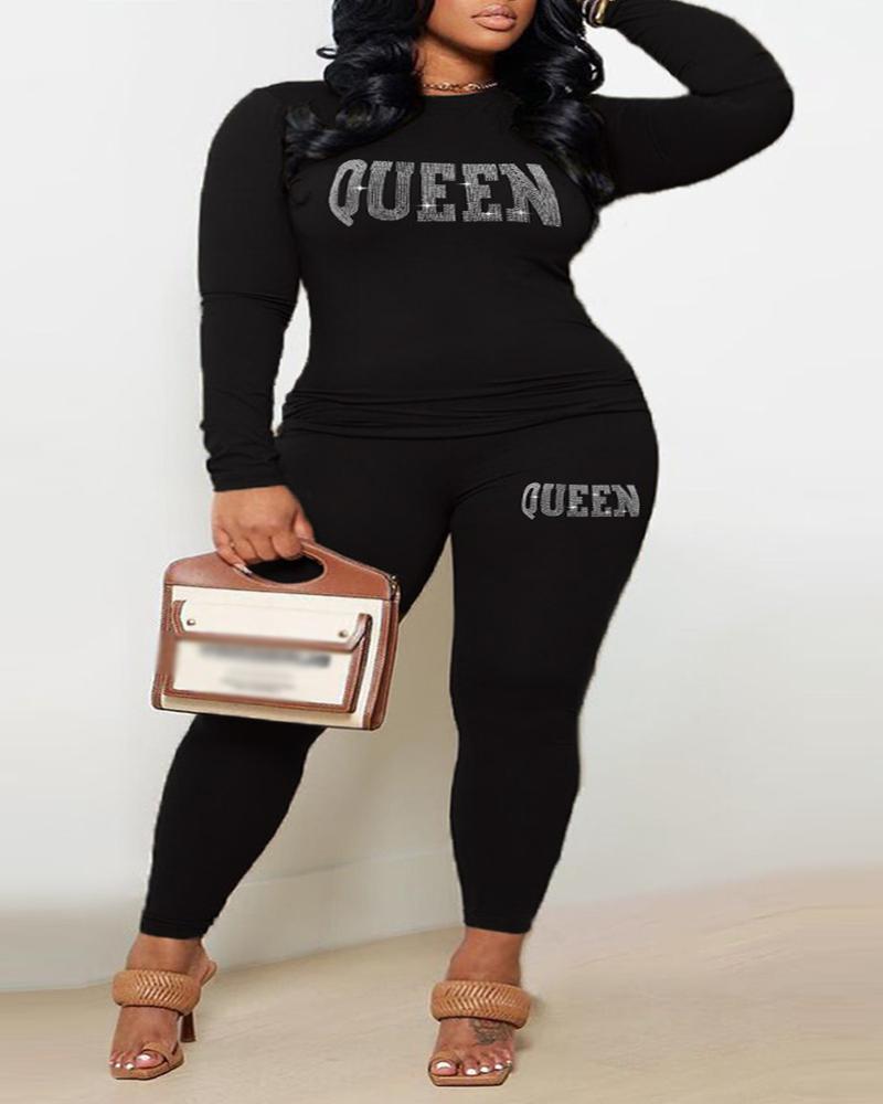 

Plus Size Rhinestone Letter Pattern Casual Top & Pants Set, Black