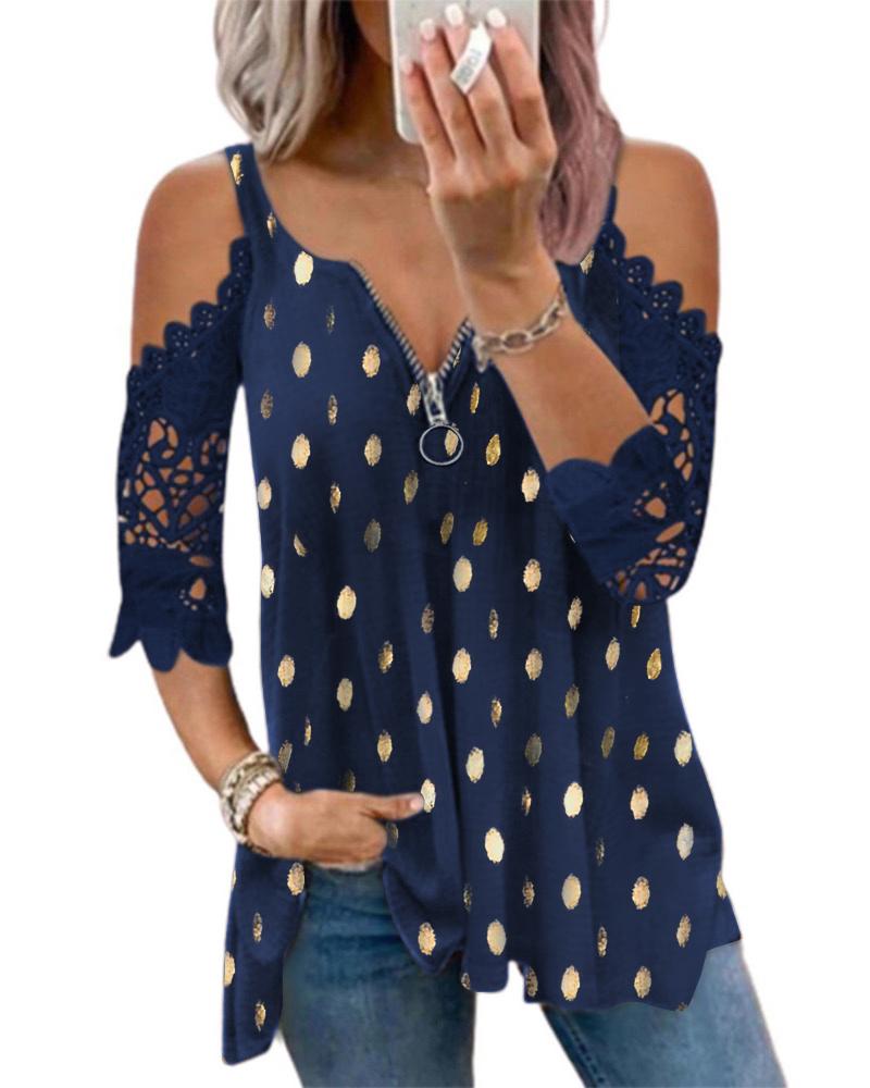 

Metallic Polka Dot Contrast Lace Cold Shoulder Top, Dark blue