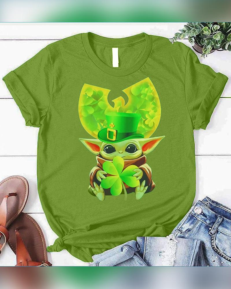 

St. Patrick's Day Cartoon Elves Print Short Sleeve T-shirt, Green