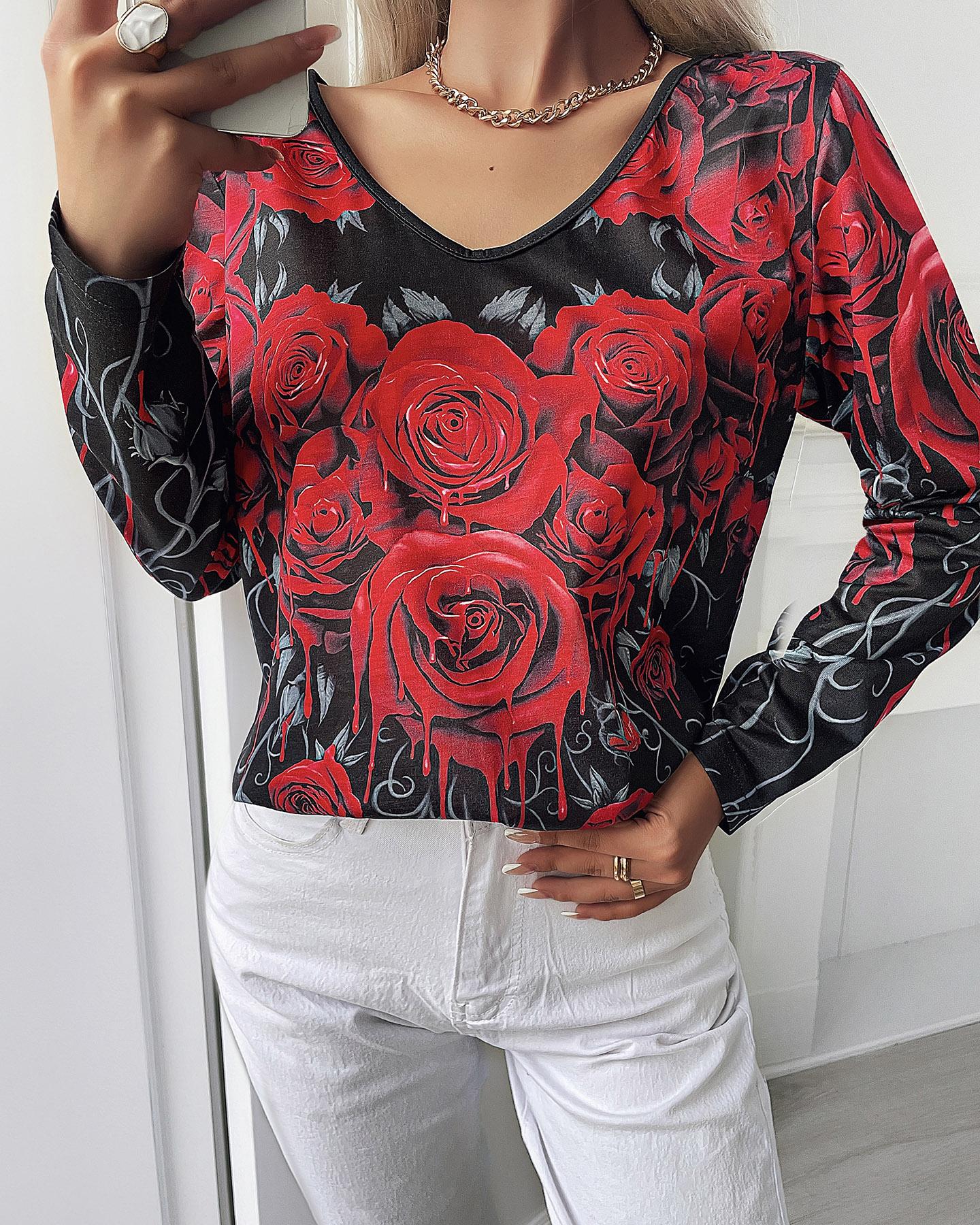 

Floral Print Long Sleeve Casual Top, Red