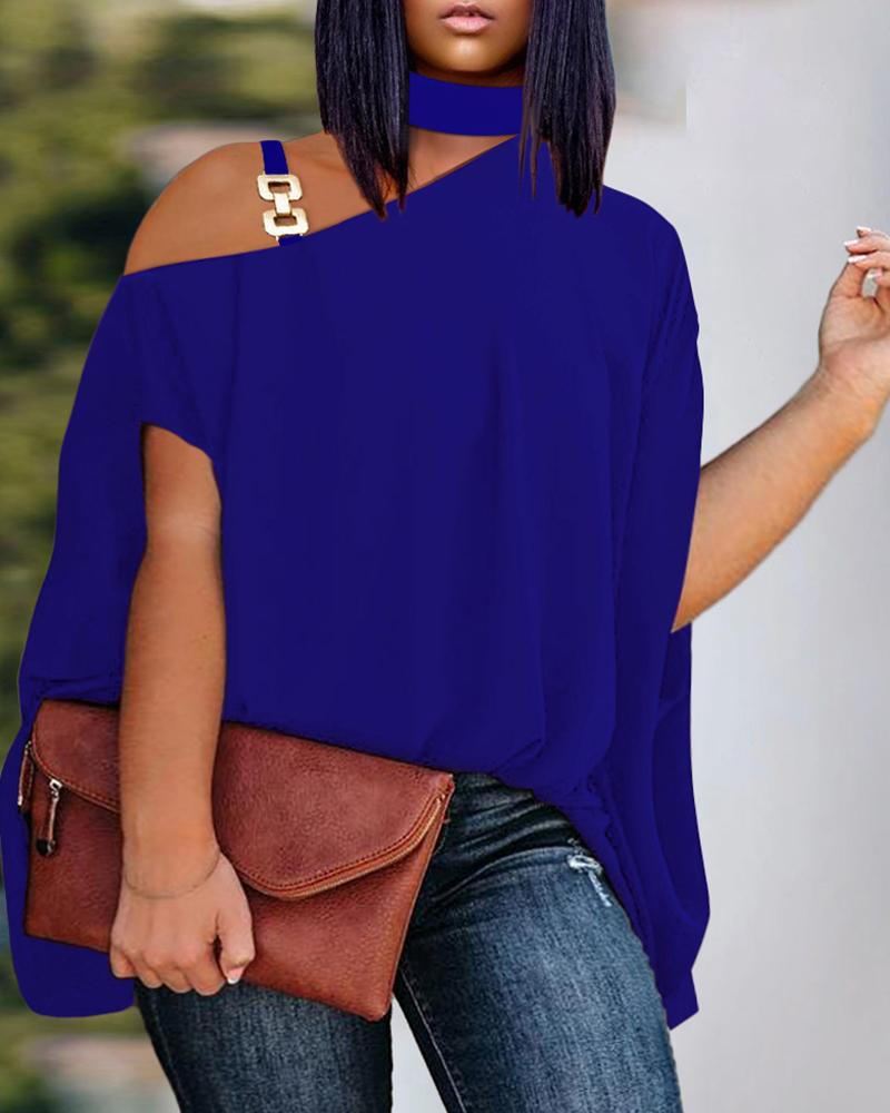 

Plus Size Cold Shoulder Chain Decor Top, Blue