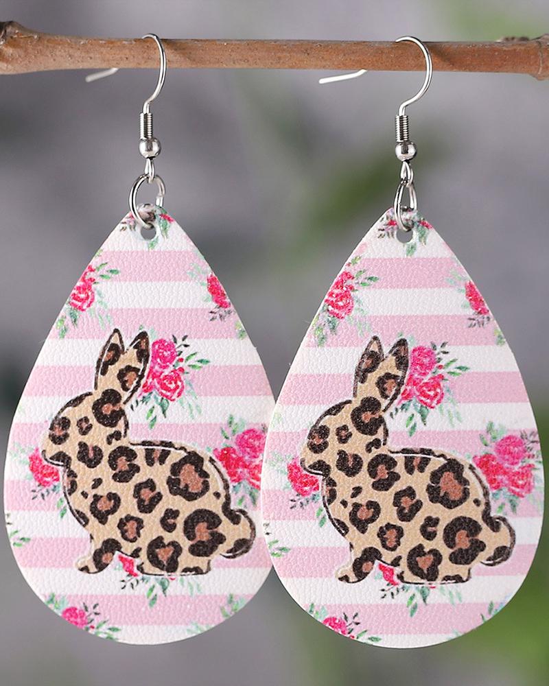 

1Pair Easter Waterdrop Leopard Bunny Striped Floral Earrings, Pink