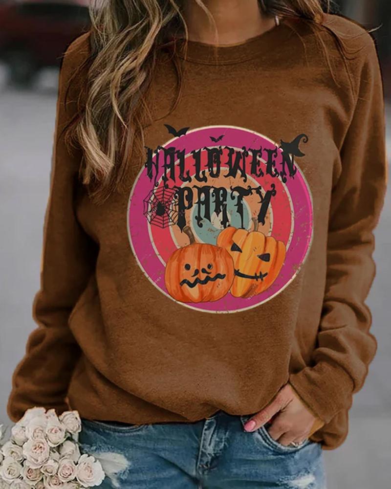 

Halloween Graphic Print Long Sleeve Sweatshirt, Brown