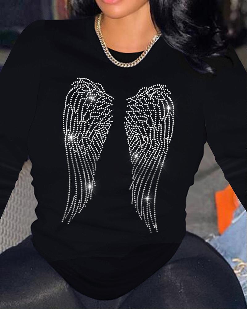 

Plus Size Rhinestone Angel Wings Pattern Casual Top, Black