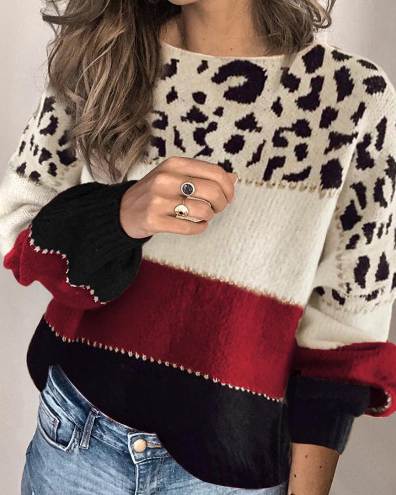 

Contrast Leopard Colorblock Long Sleeve Sweater, Wine red