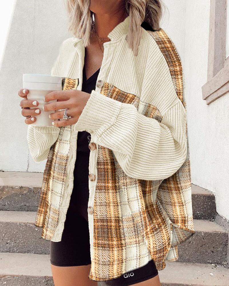 

Plaid Print Colorblock Batwing Sleeve Button Front Waffle Knit Shacket, Multicolor