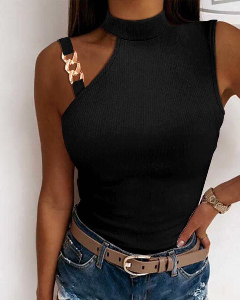 

Chain Decor Cutout Tank Top, Black