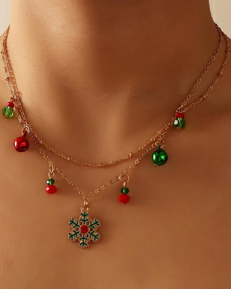 

1pc Christmas Jingle Bell Snowflake Layered Necklace, Green