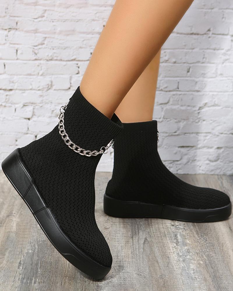 

Chain Decor Knit Casual Boots, Black