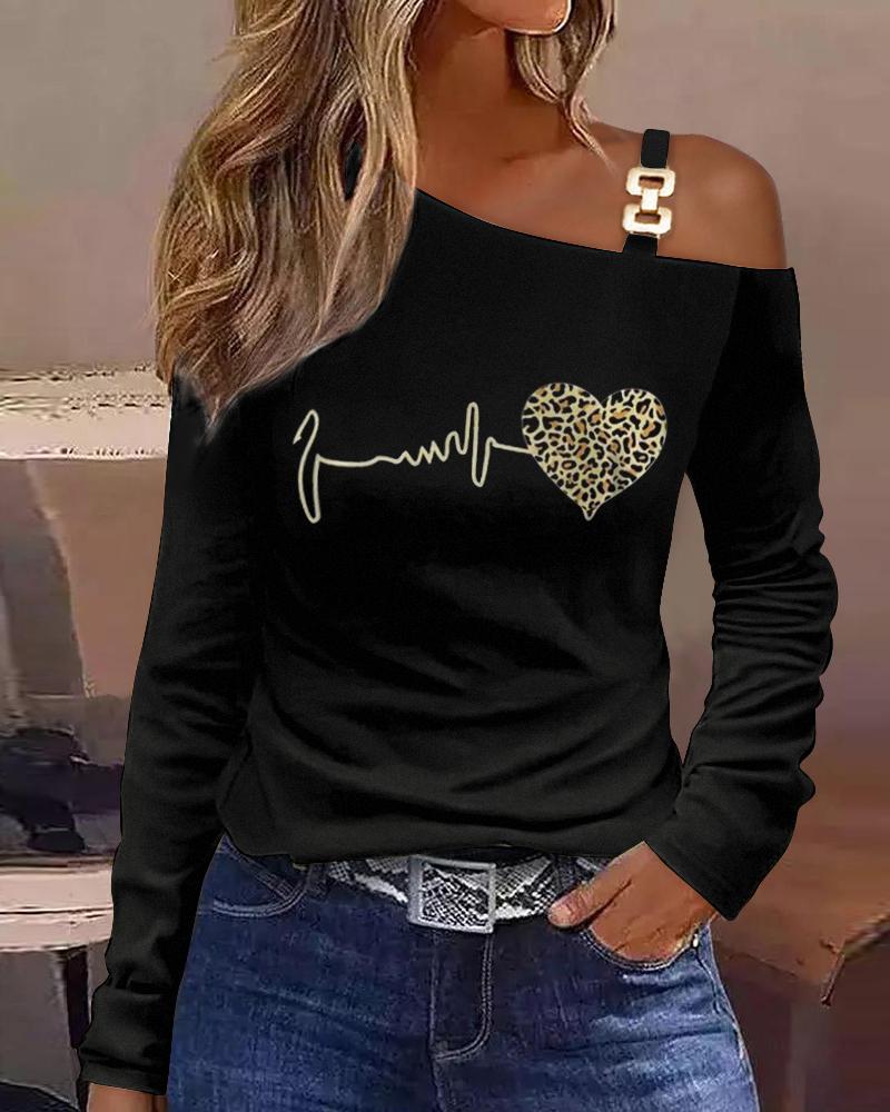 

Valentine' Day Leopard Heart Print Cold Shoulder Top, Black