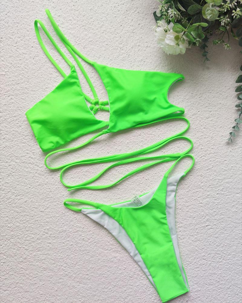 

One Shoulder Criss Cross Tied Detail Bikini Set, Green