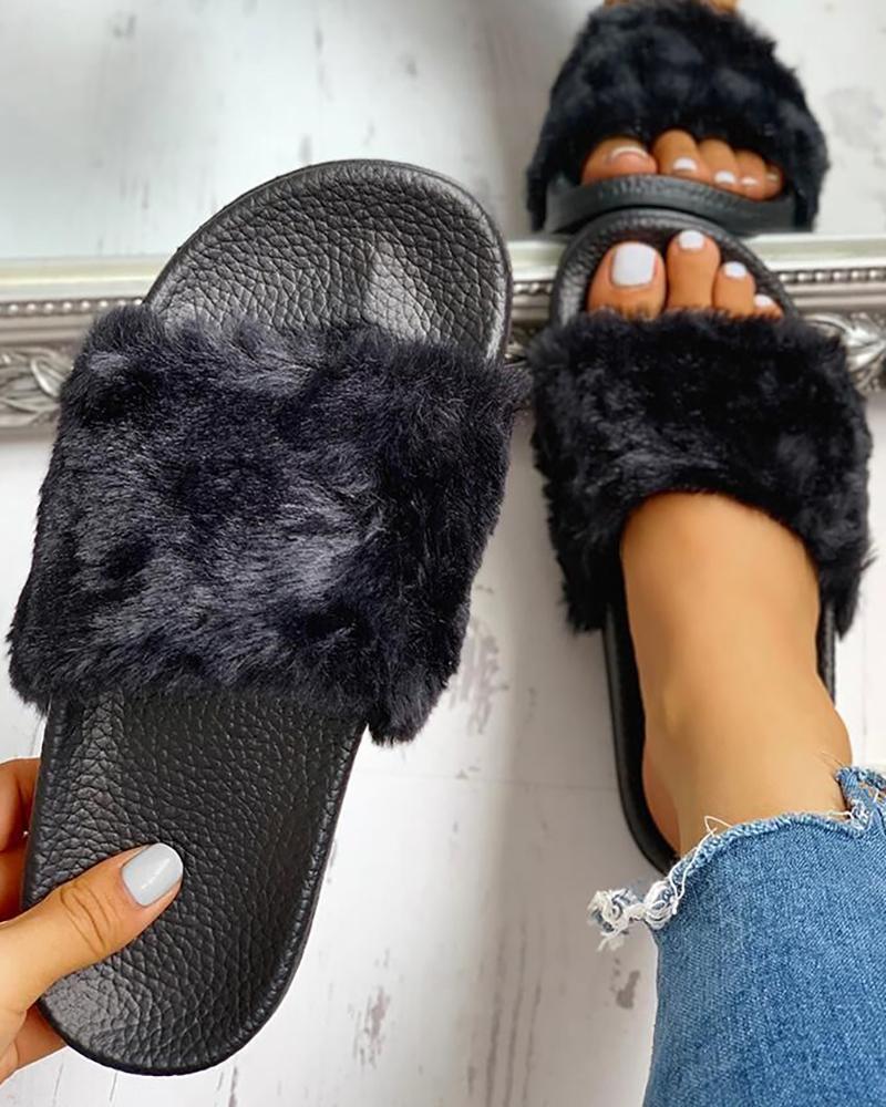 

Open Toe Fluffy Flat Sandals, Black