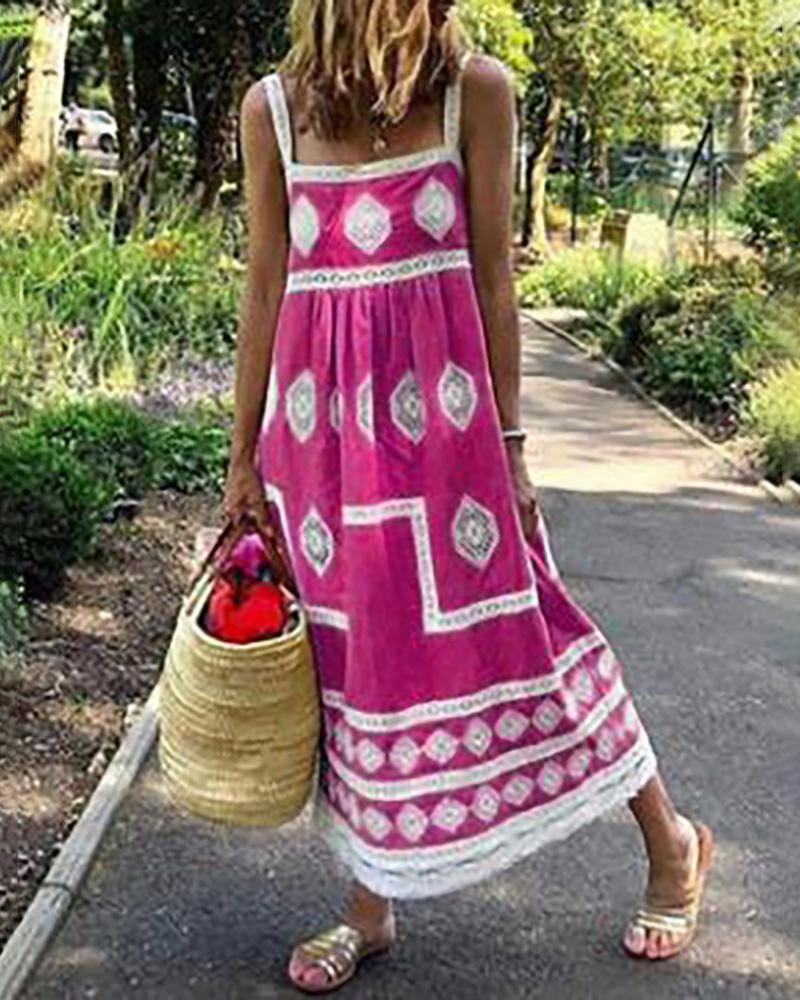 

Geometry Print Colorblock Square Neck Maxi Dress, Hot pink