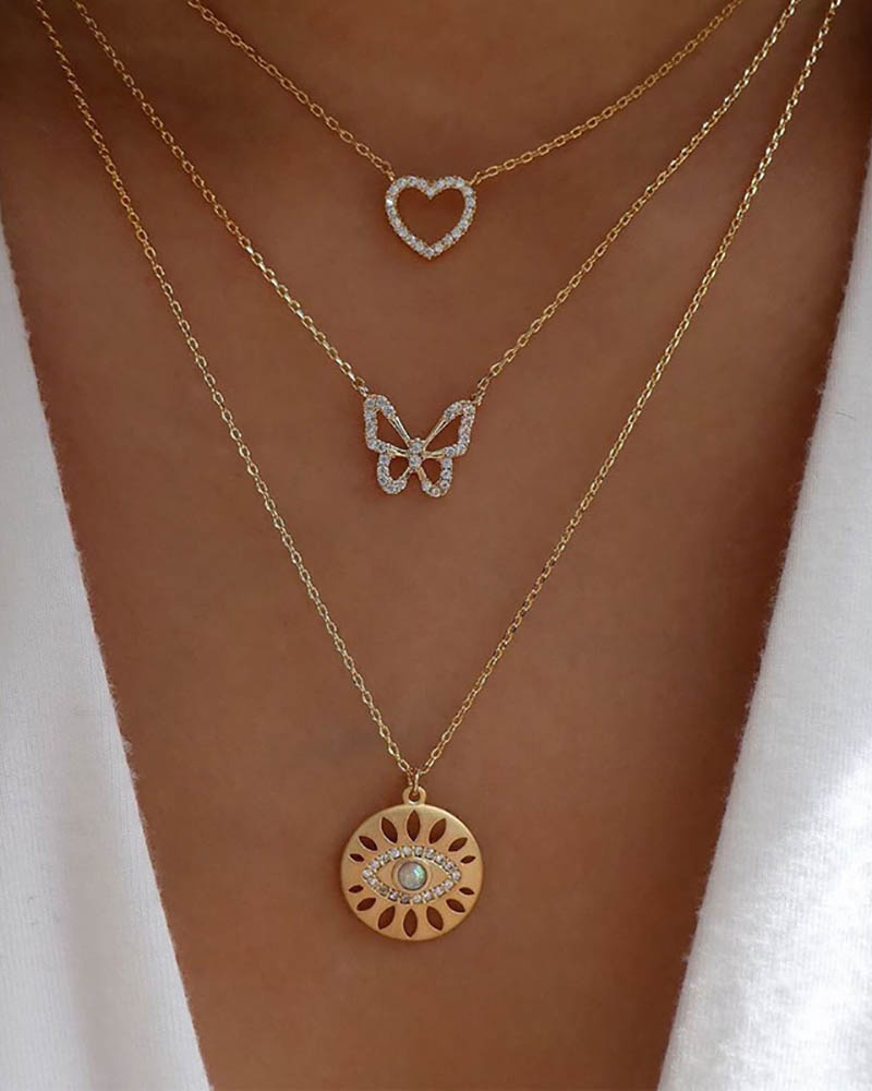 

Heart & Butterfly & Evil Eye Studded Layered Necklace, Gold