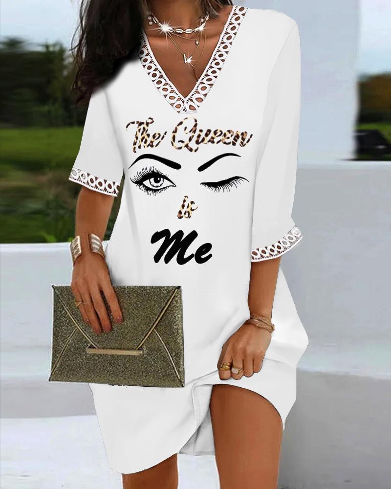 

Figure Letter Print Lace Trim Casual Dress, White