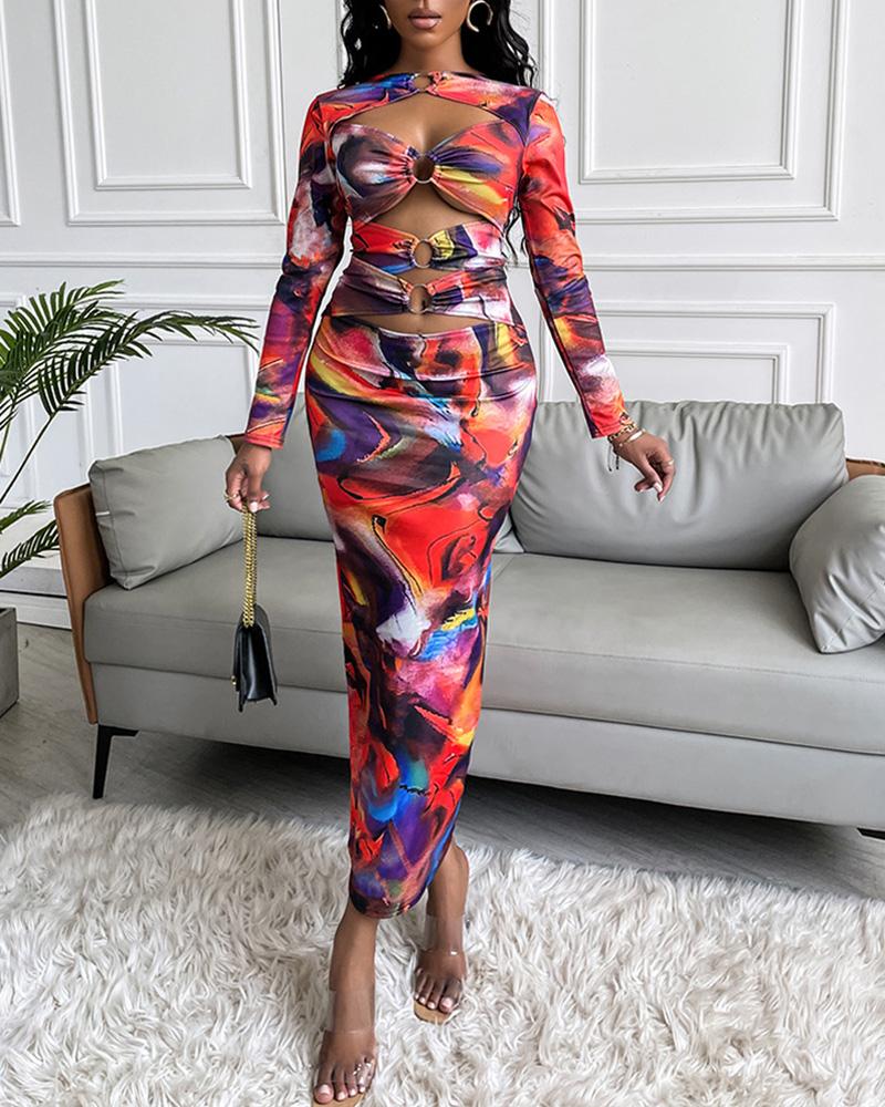 

Tie Dye O-Ring Cut-Out Long Sleeve Skinny Dress, Multicolor