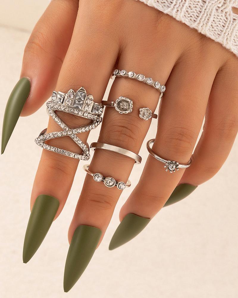 

6PCS Rhinestone Decor Ring Set, Silver