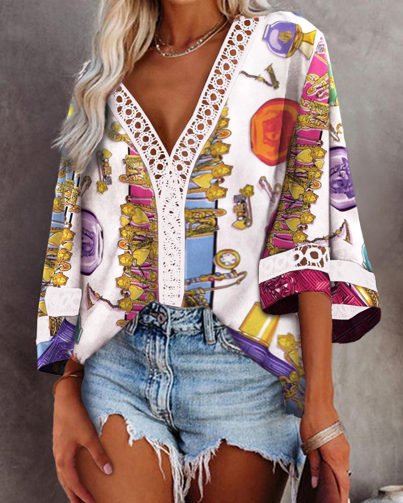 

Scarf Print Hollow Out Half Sleeve Top, Multicolor