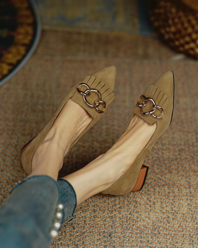 

Suede Chain Tassel Design Pointed Toe Chunky Heels, Apricot