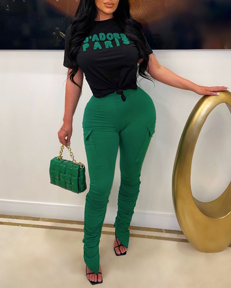 

Letter Print Short Sleeve Top & High Waist Pants Set, Green