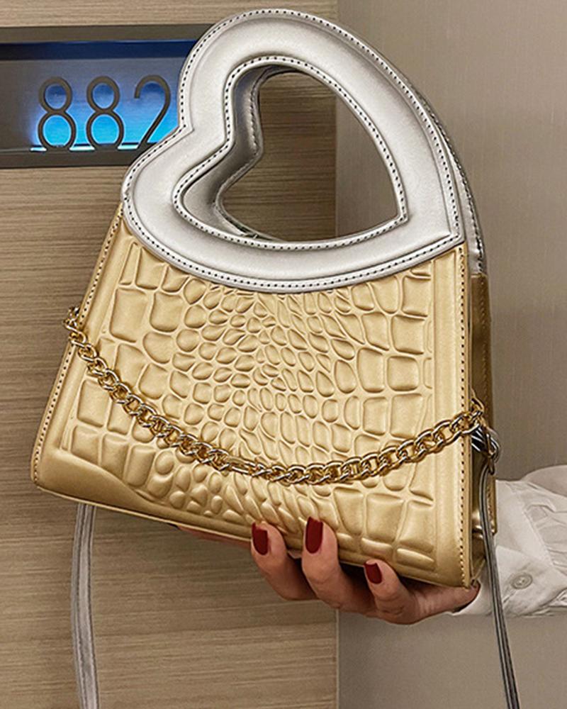 

Heart Shaped Handle Chain Decor Magnet Handbag, Champagne