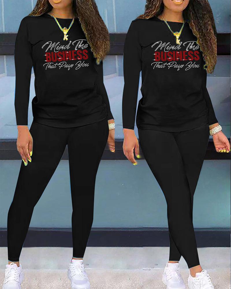 

Rhinestone Letter Pattern Casual Top & Pants Set, Black