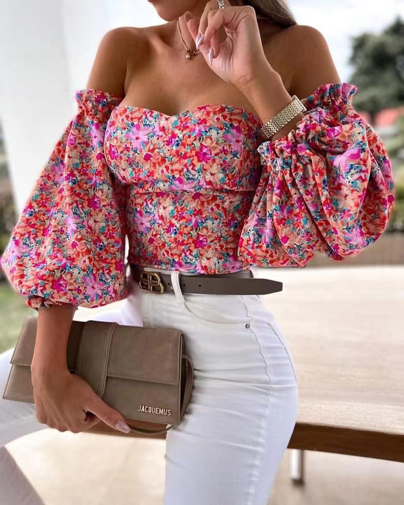 

Floral Print Off Shoulder Lantern Sleeve Top, Pink