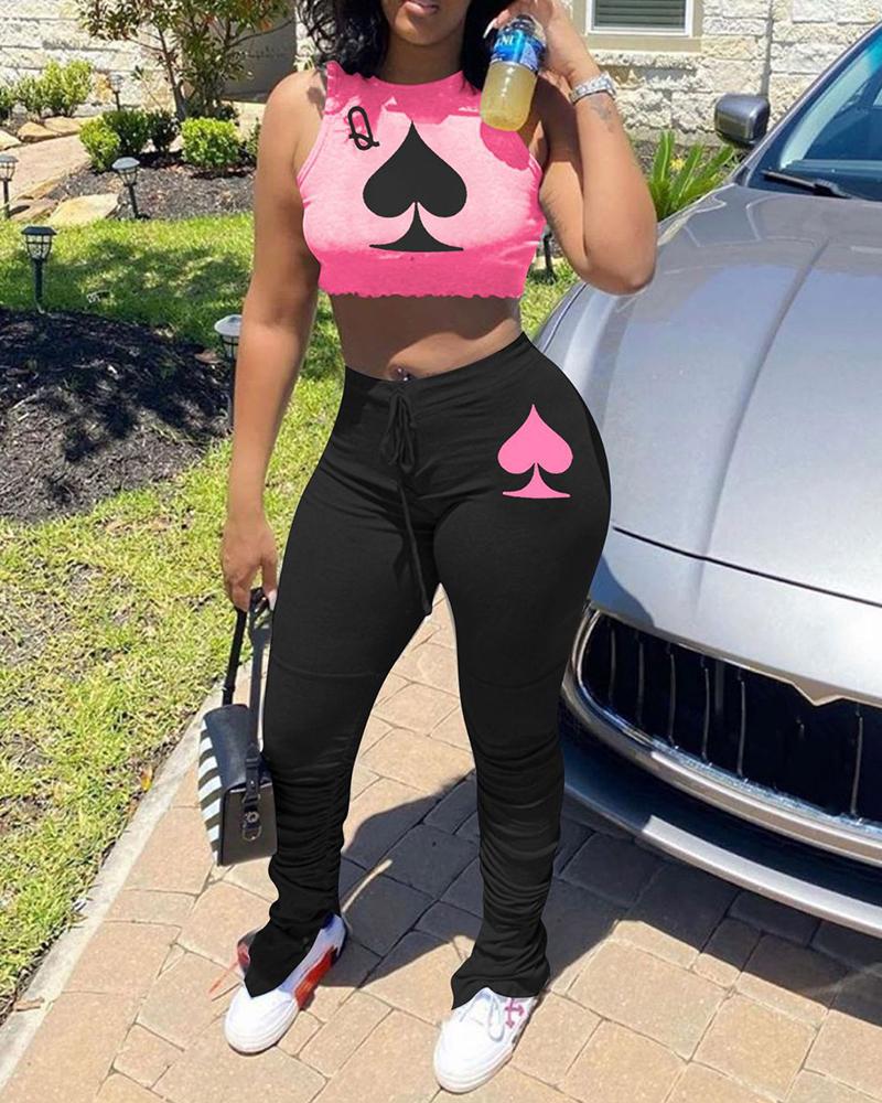 

Poker Print Crop Top & Pants Set, Pink