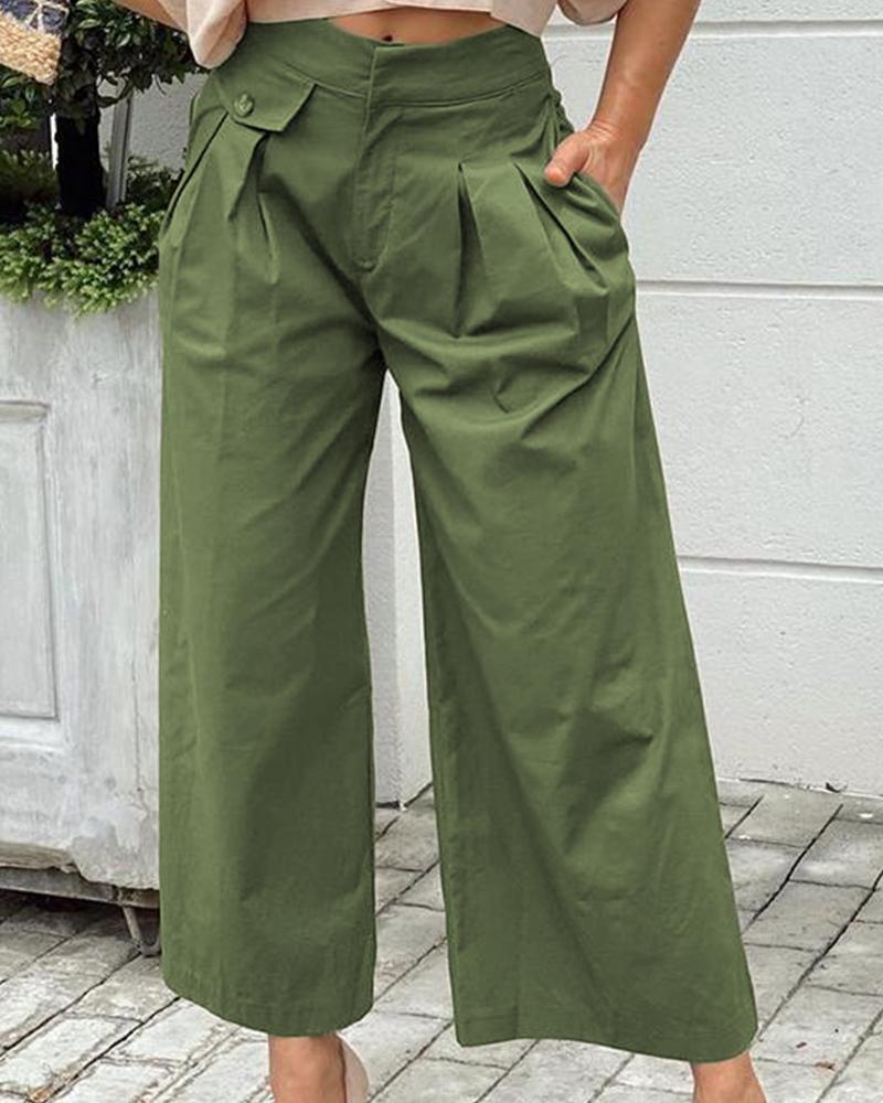 

Pocket Design High Waist Wide Leg Pants, Army green