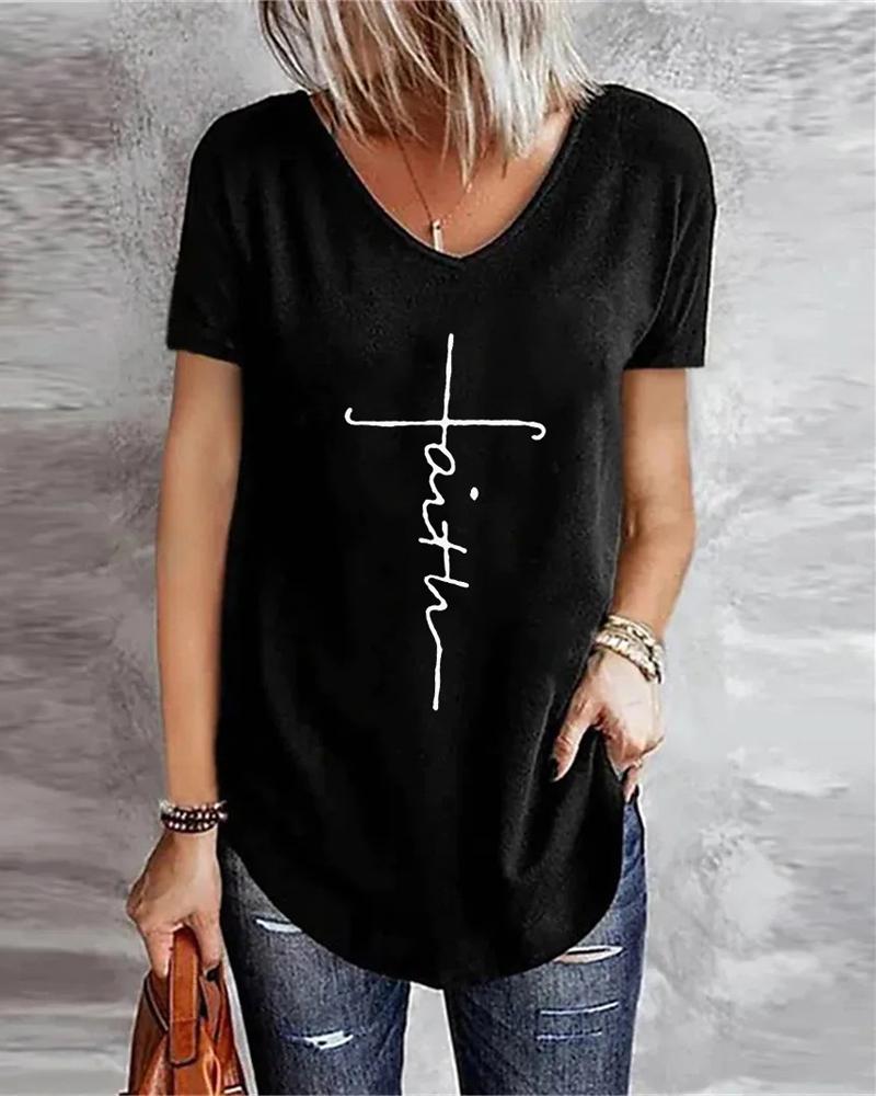 

Letter Print Short Sleeve Casual T-shirt, Black