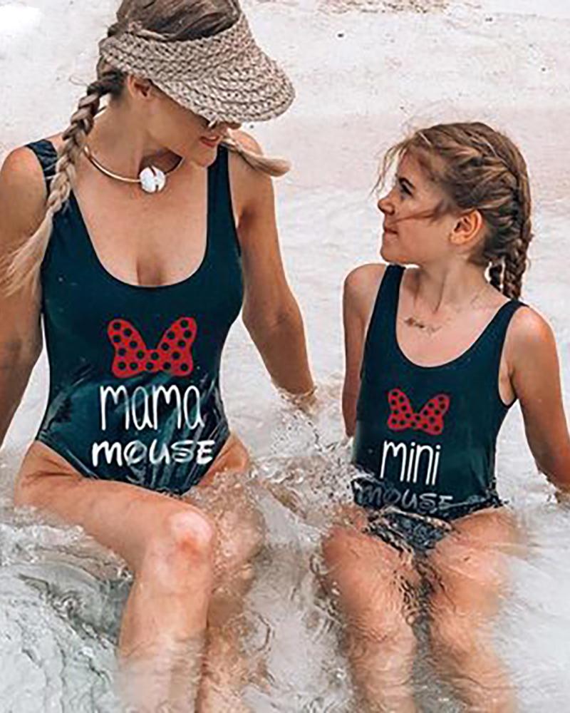 

Mommy & me Bowknot Letter Print U-Neck One Piece Swimsuit For Mom, Black
