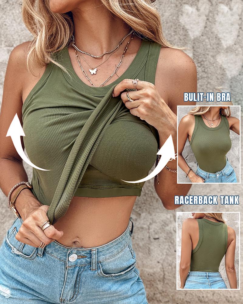 

Round Neck Ribbed Tank Top With Bra Pads, Army green