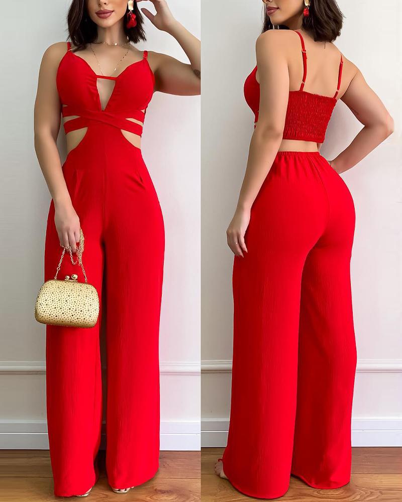 

Cutout Shirred Open Back Spaghetti Strap Jumpsuit, Red