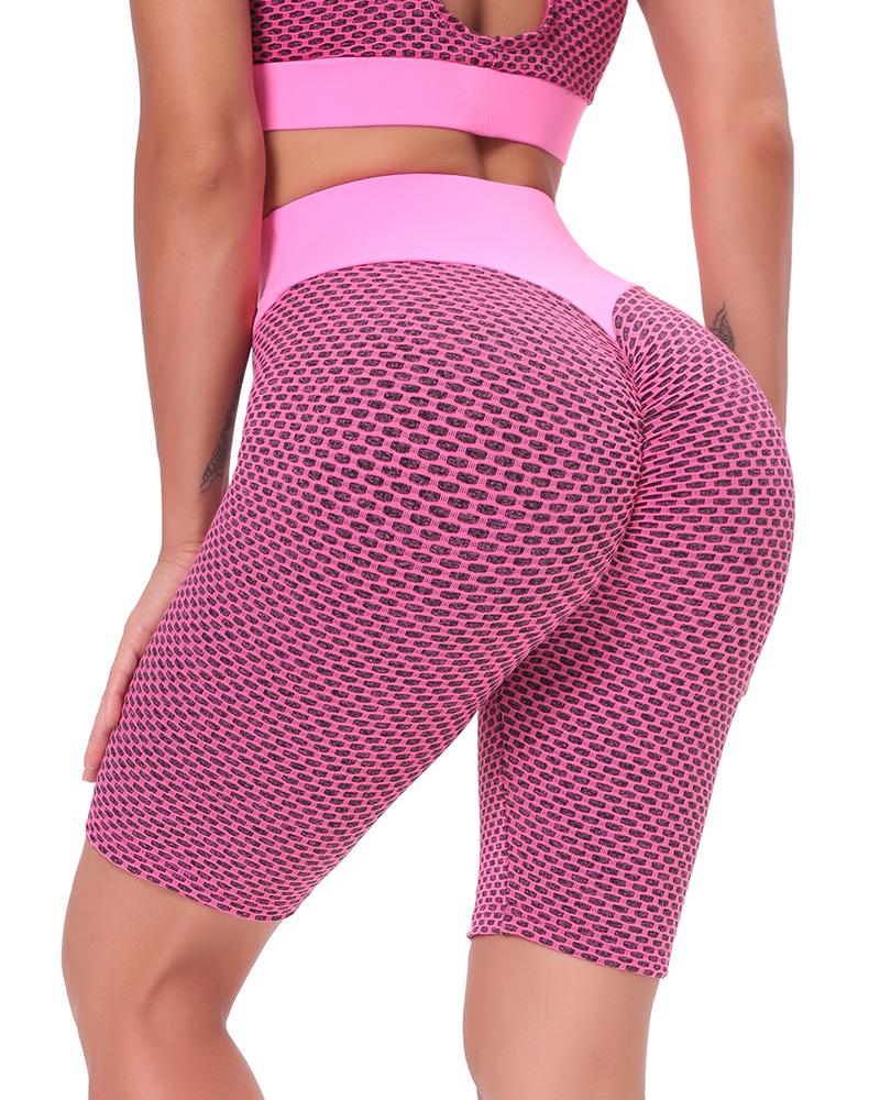 

High Waist Fishnet Skinny Short Sport Pants, Pink