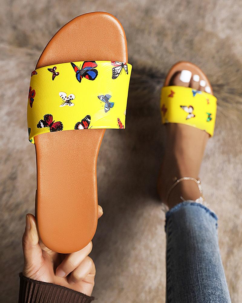 

Butterfly Print Round-toe Open-toe Flat Sandals, Yellow