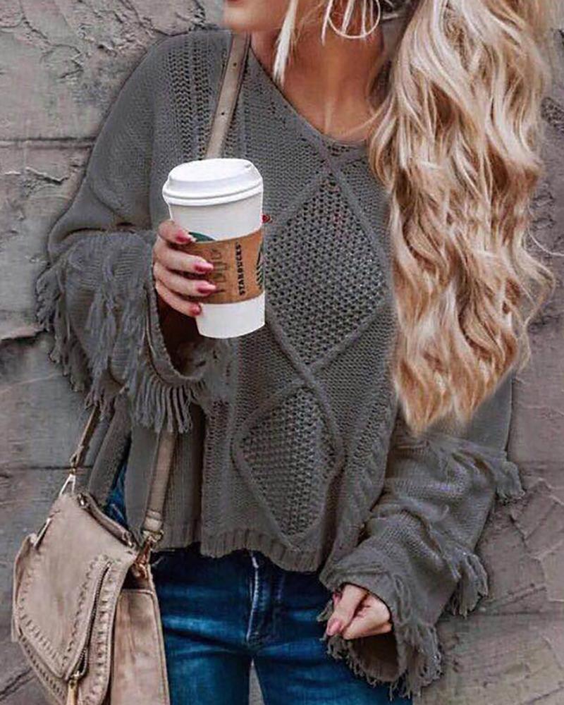 

Tassel Hollow Out Knit Sweater, Gray