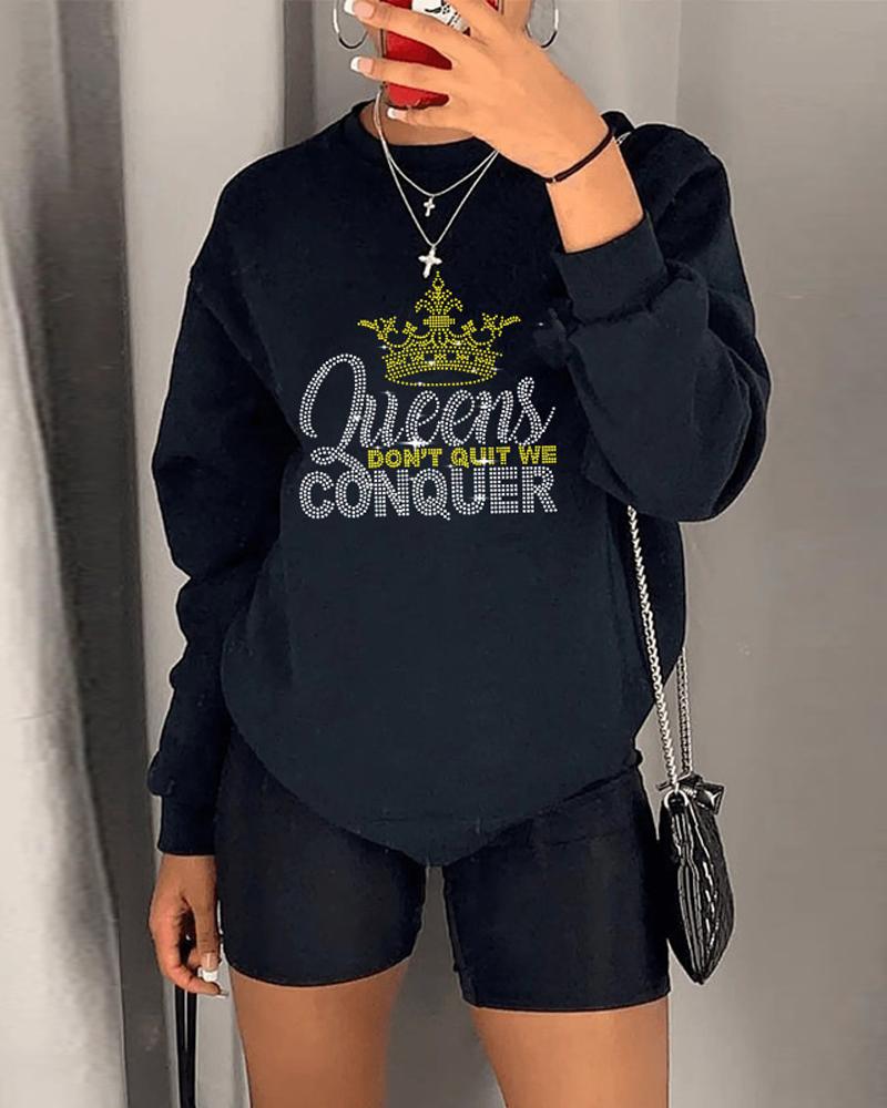 

Plus Size Rhinestone Letter Crown Pattern Casual Sweatshirt, Black