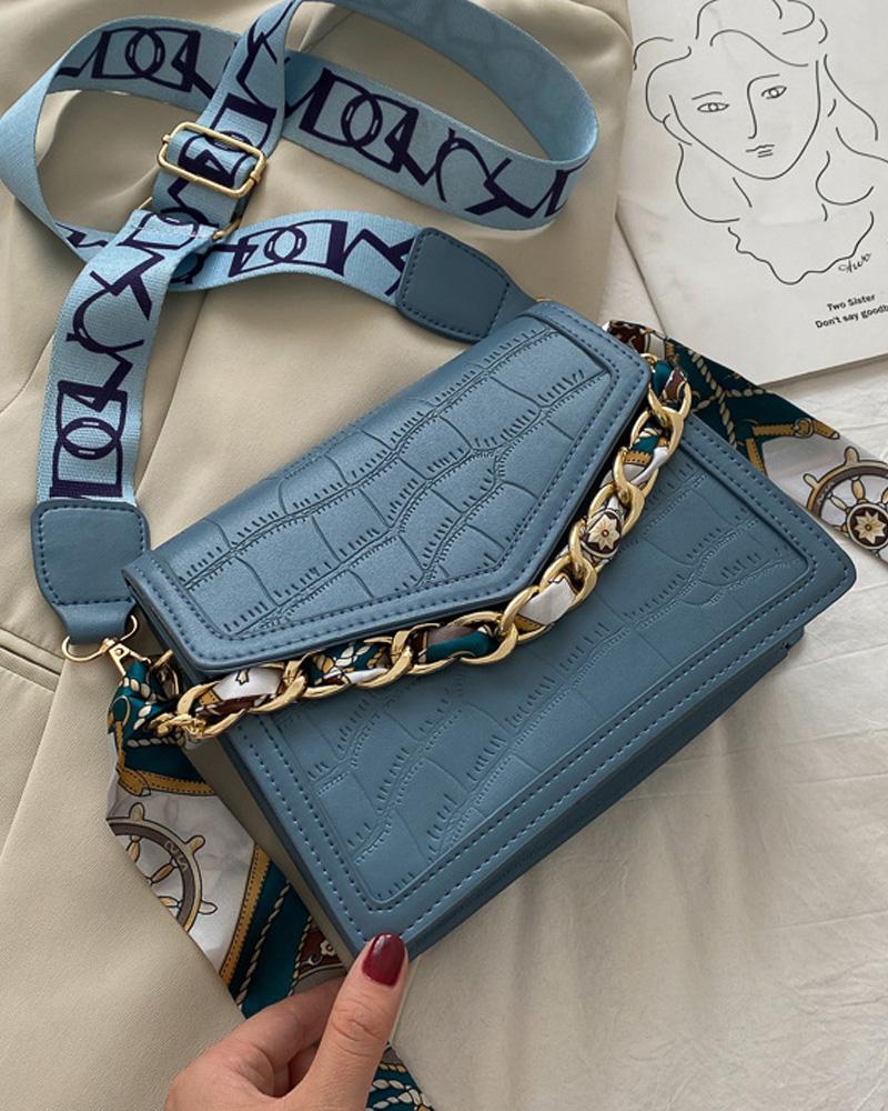 

Embossed Chain Decor Flap Shoulder Bag, Blue