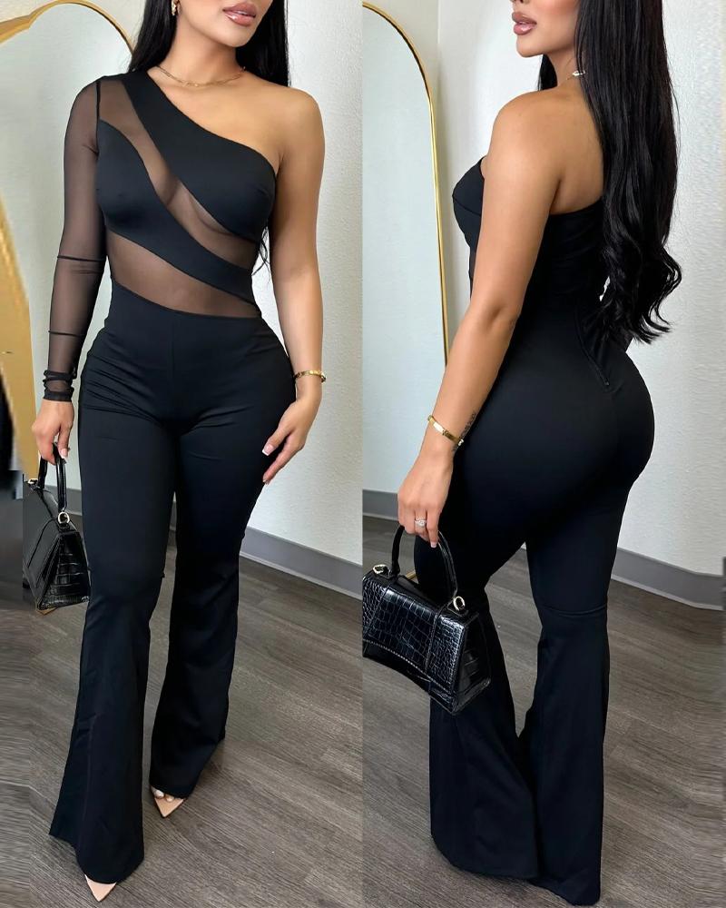 

Sheer Mesh One Shoulder Long Sleeve Jumpsuit, Black