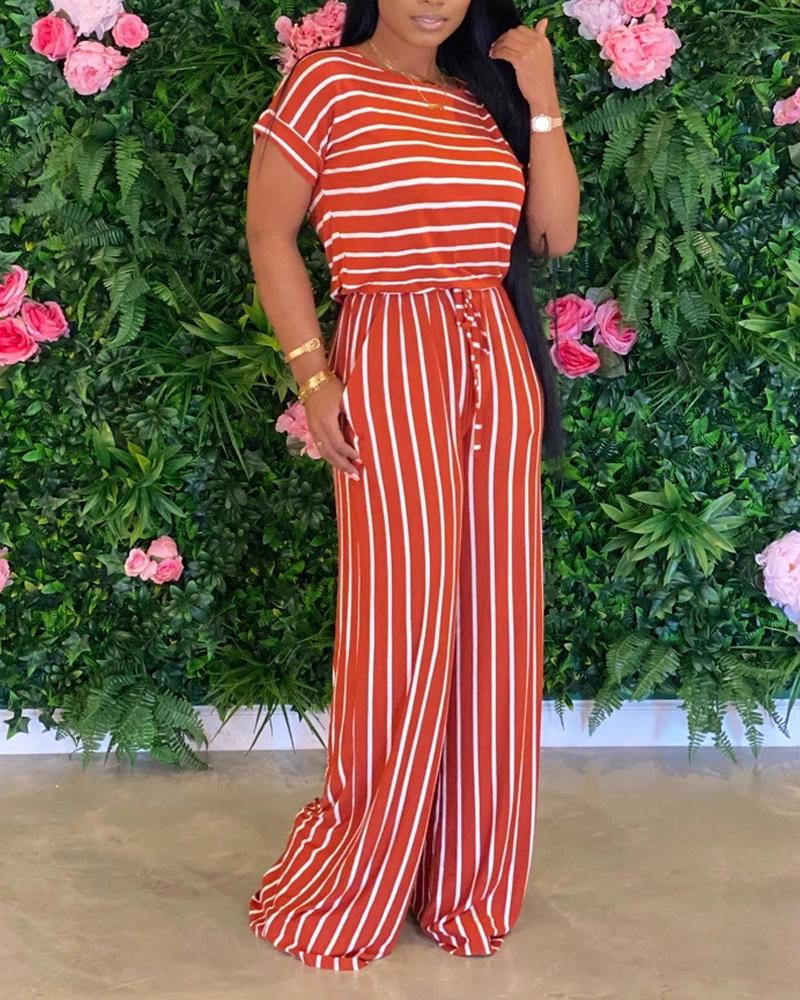 

Striped Print Pocket Detail Drawstring Jumpsuit, Orange