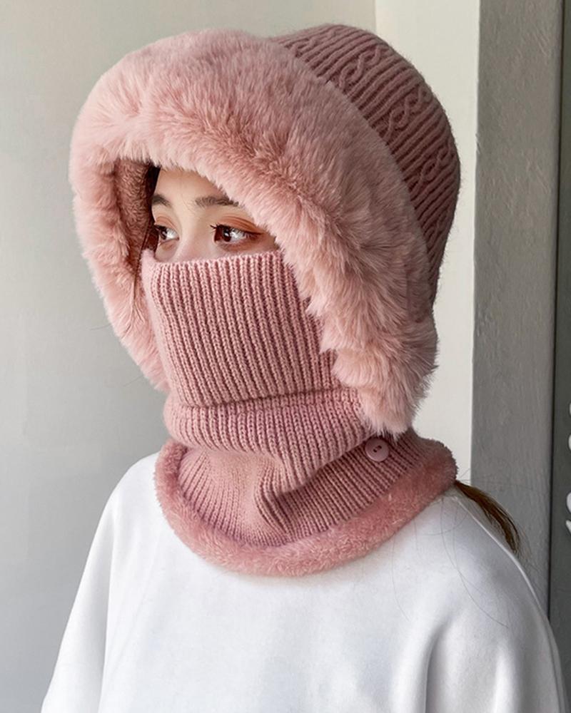 

Fuzzy Winter Warm Cable Knit One-Piece Mask Scarf Beanie Hat, Pink